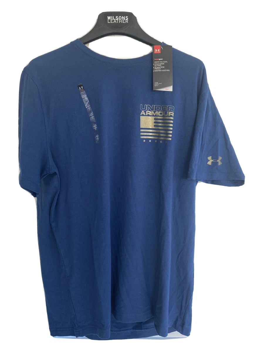 Under Armour United States of America Flag Mens L T Shirt Tee HeatGear Blue Gold