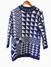 Vintage College Point Womens 80s Geometric Oversized Knit Sweater L Navy USA