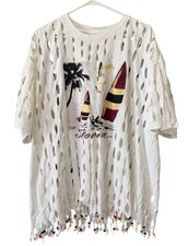 Center Cut Heavy Women T Shirt Size XXL USA Made Cotton Ripped Beaded Fringe VTG