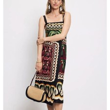 Farm Rio Black Tropical Midi Dress LARGE Faux Wrap Vacation Parrot Linen $280