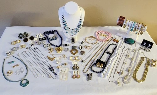 104 Pc. Lot of Vintage Estate Costume Jewelry some signed +Sterling
