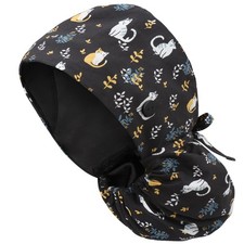 Satin Lined Kitty Cat Scrub Cap Women Bouffant Nurse Hat Sweatband Buttons