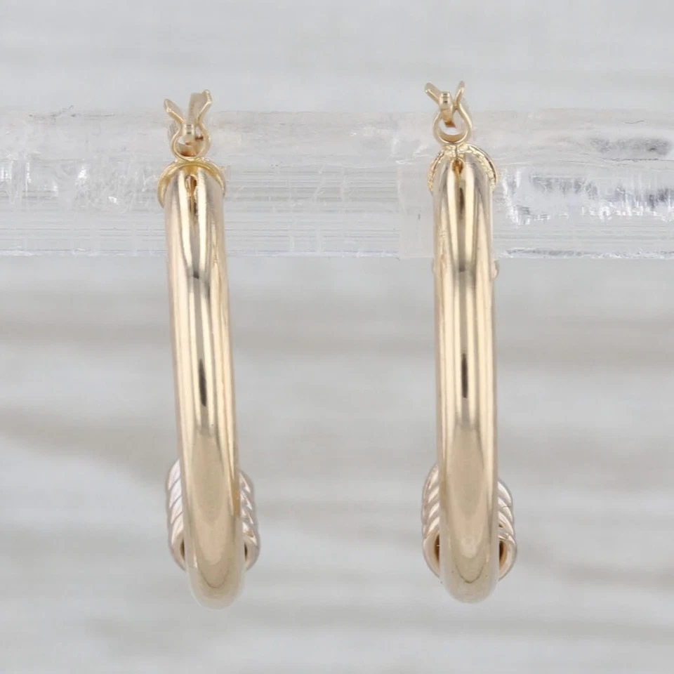 2-Toned Round Hoop Earrings 14k Yellow White Gold Snap Top Hoops - Image 2 of 4