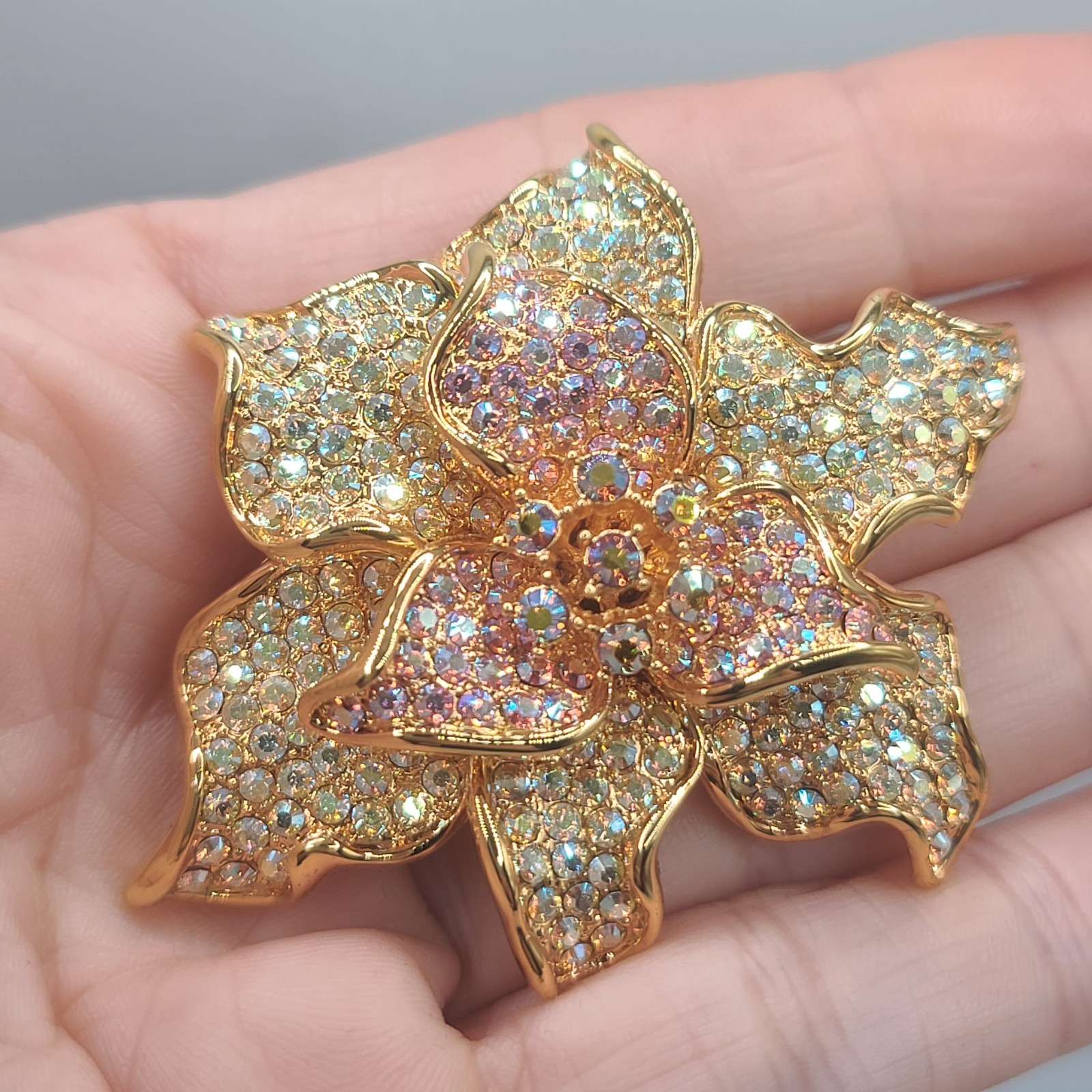 Camrose Kross Brooch Signed JBK Pink Rhinestone Flower Iridescent Sparkles