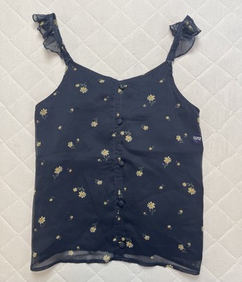 Abercrombie Kids Tank Top Girls 11/12 Navy Blue Floral Button Front Ruffle Trim