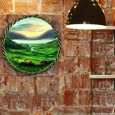 Sunset Green Field Landscape Round Aluminum Painting