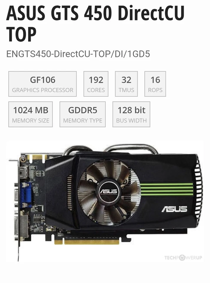 SCHEDA GRAFICA/VIDEO ASUS NVIDIA GeForce GTS 450 DirectCU TOP, 1GB DDR5, 128 BIT - Immagine 3 di 4