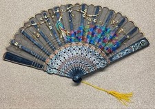 Peacock Embroidered Fan with Gold Flower Decorations Tassel Used