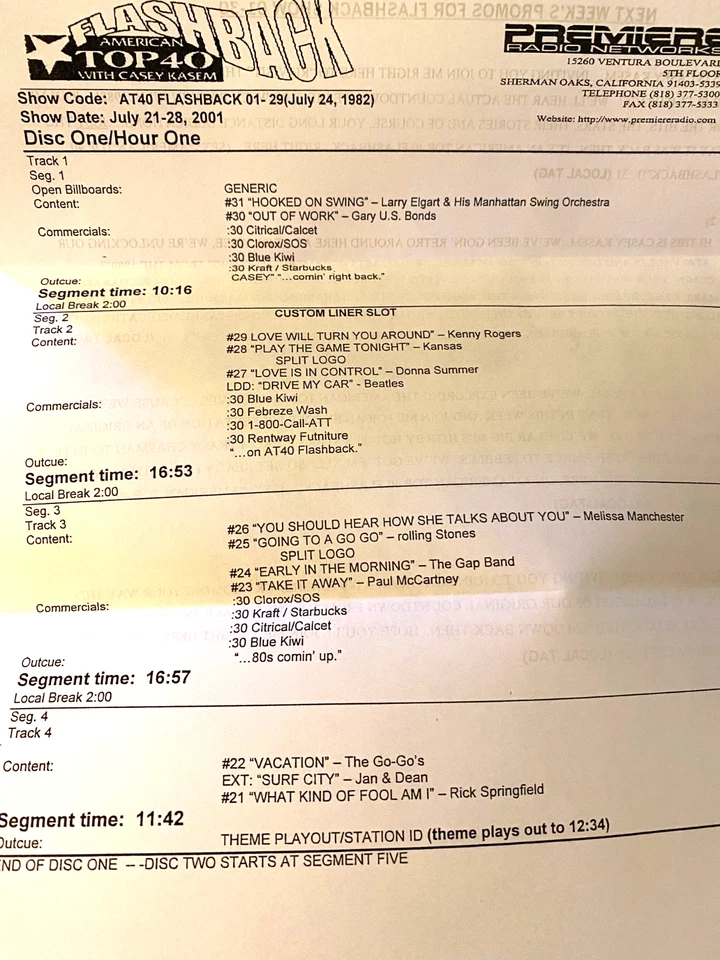 7/24/82 CASEY KASEM AMERICAN TOP 40  RARE FLASHBACK EDITION (AIRED 7/21/01) - Image 3 of 4