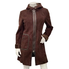 Via Spiga Brown Hooded Faux Suede And Shearling With Leather Trim Coat Size S