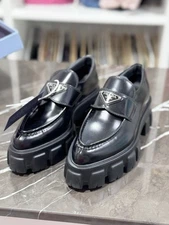 Prada Leather Monolith Triangle Logo Platform Brushed Loafers Black Size 37.5
