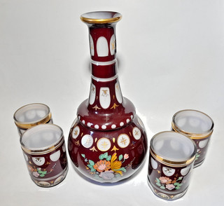 Antique Bohemian Ruby Cut to White Overlay Decanter & 4 Tumbler Glass Set c.1900