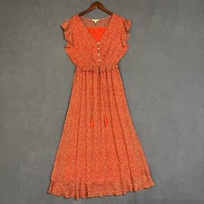 Trinhnology Boho Maxi Dress L Orange Ditsy Floral Smocked Ruffle Flutter Tassel