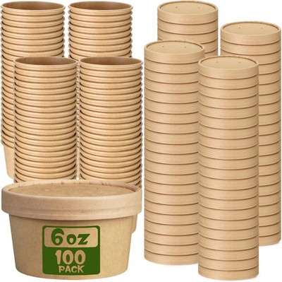 Disposable Kraft Paper Soup Containers with Lids 6 oz Leak Resistant Food Cups
