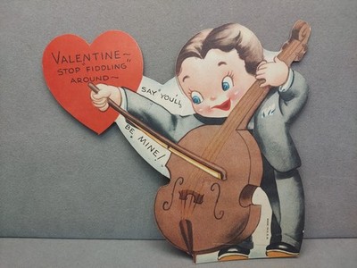 Vintage Die Cut Valentines Card Boy Playing Fiddle Stop Fiddling Around Used 