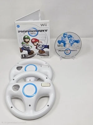 Mario Kart Wii + 2 x Official Nintendo Wii Wheels – Tested & Working - Image 1 of 4
