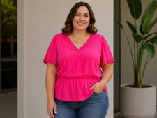 Unique Spectrum Womens plus size solid V neck s/sleeve Blouse w lace details