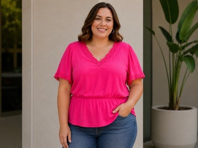 Unique Spectrum Womens plus size solid V neck s/sleeve Blouse w lace details