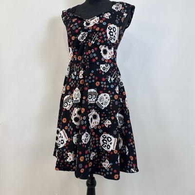 Oten Day of the Dead Sugar Skull Floral Fit and Flare Dress Medium Pin Up Goth