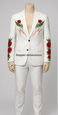 Men's 2Pc White Bespoke Floral Embroidered Nudie Western cowboy Cocktail Prom