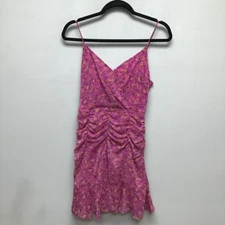 All In Favor Womens Sundress Pink Floral Ruched Mini Spaghetti Strap Lined S New