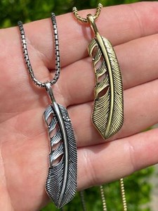 Authentic Real Solid 925 Sterling Silver Feather Pendant Necklace Gold Plated Mens Womens