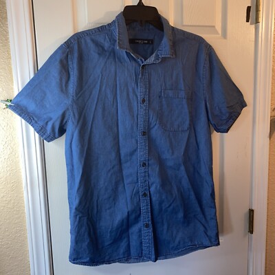 19 Ninety One Mens L LARGE Button Down Shirt Chambray Pocket Casual Short Sleeve