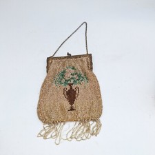 Antique beaded handbag glass beads hand sewn fringe ornate metal frame chain han