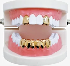14K Gold Plated 2 Front Caps Grillz Teeth & 1 Lower Bottom Grillz 3pc Set USA