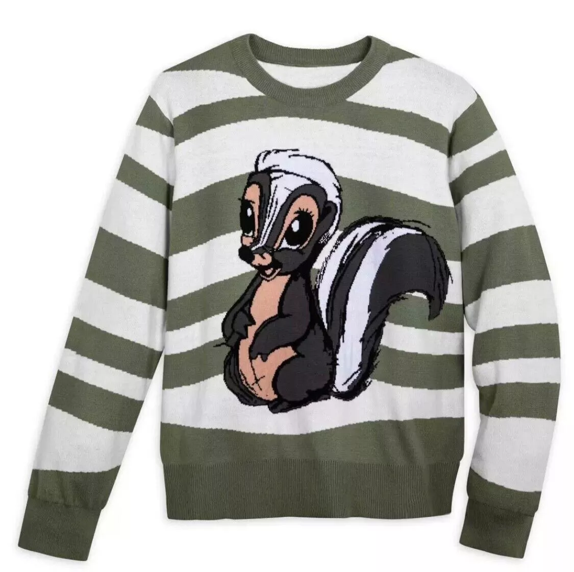 DISNEY FLOWER BAMBI GREEN WHITE STRIPED GRAPHIC SWEATER PULLOVER Med CUTE SKUNK