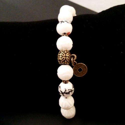 Carved Lotus Pearl Bracelet Chinoiserie White Shell Hand Made | St. Germain - Picture 3 of 8