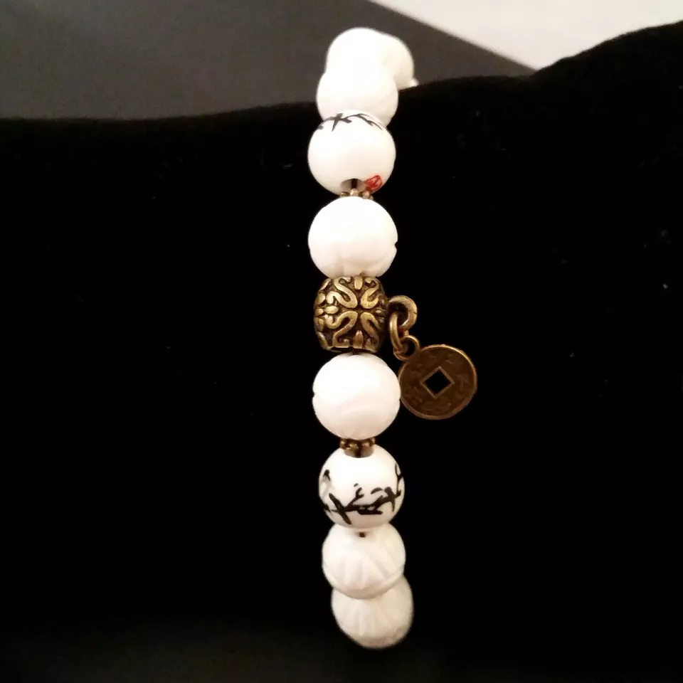 Carved Lotus Pearl Bracelet Chinoiserie White Shell Hand Made | St. Germain  - Image 3 of 4