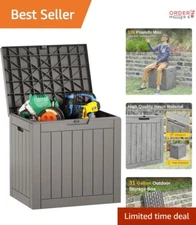 Outdoor Storage Box Resin 31 Gallon Waterproof Lockable Garden Tool Bin Grey