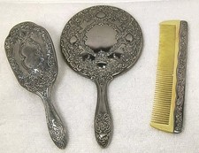 Vtg Vanity Set Silver Plated Hand Mirror Hair Brush and Comb Heavy