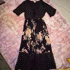 Altar'd State Black Floral Button Maxi Dress V-Neck Short Sleeve Size L