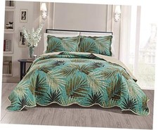 3-Piece Fine Printed Tropical Palm Leaves Oversize 100" X 95" Quilt Set,