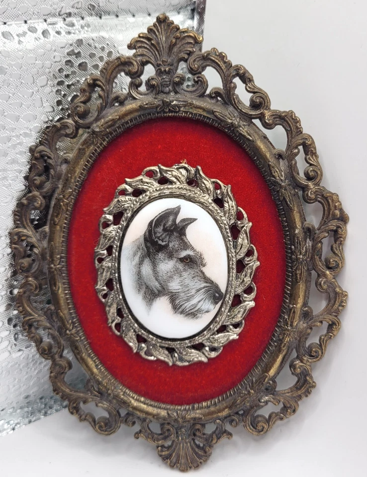 Vintage Schnauzer Dog Cameo Red Felt Back Ground Frame Made in Italy Collectible - Image 3 of 4