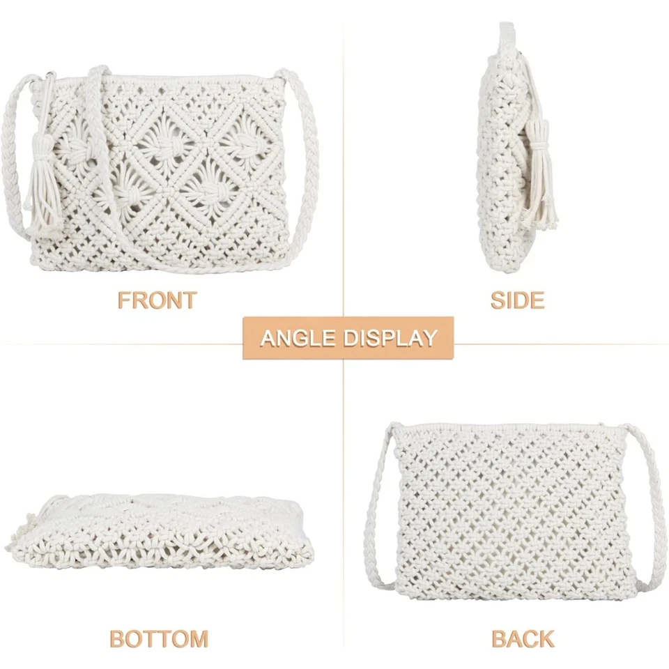 White Woven Crossbody Bag Crochet Macrame Shoulder Bag Clutch Purse Beach Travel - Image 4 of 4