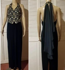 Vintage Aspeed Size Medium Formal Dress Green Velvet Gold Embroidered Sleeveless