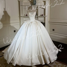Satin Wedding Dresses Strapless Sweep Train Princess Ruching Lace Bridal Gowns