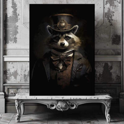 Victorian Raccoon Portrait Canvas Print - Gothic Home Decor, Animal in Clothes,