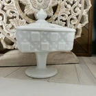Vintage Westmoreland Milk Glass Old Quilt Square Compote Candy Dish & Lid