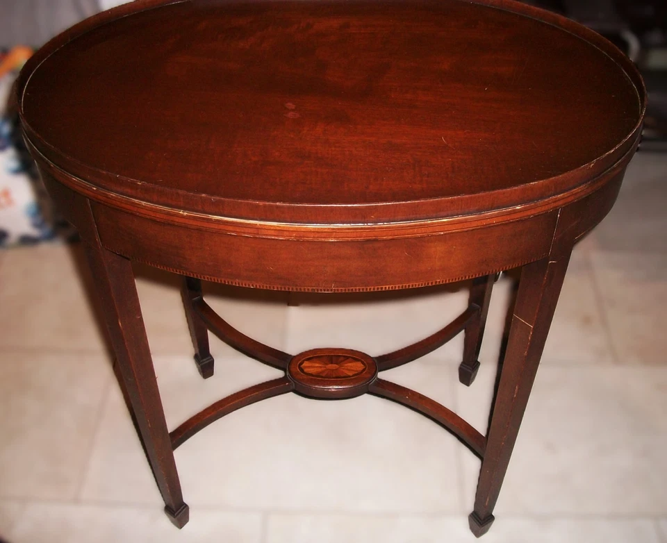Mesa consola ovalada de caoba estilo federal vintage con incrustación-Hathaway, NY-1930 Foto 3 de 4