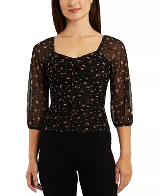 Bcx Juniors  Floral Mesh Ruched-Front 3/4-Sleeve Top, Black, XL