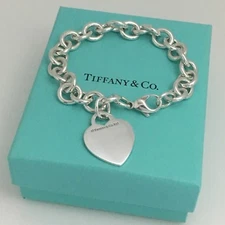 8.5” Large Tiffany & Co Silver Blank Heart Tag Charm Bracelet