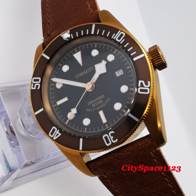 41mm CORGEUT Brass Sapphire Glass Date Leather Automatic Movement Mens Watch