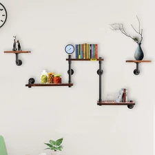 VEVOR Pipe Shelves Industrial Iron Pipe Wall Mounted w/ 5-Tier Wood Planks Black