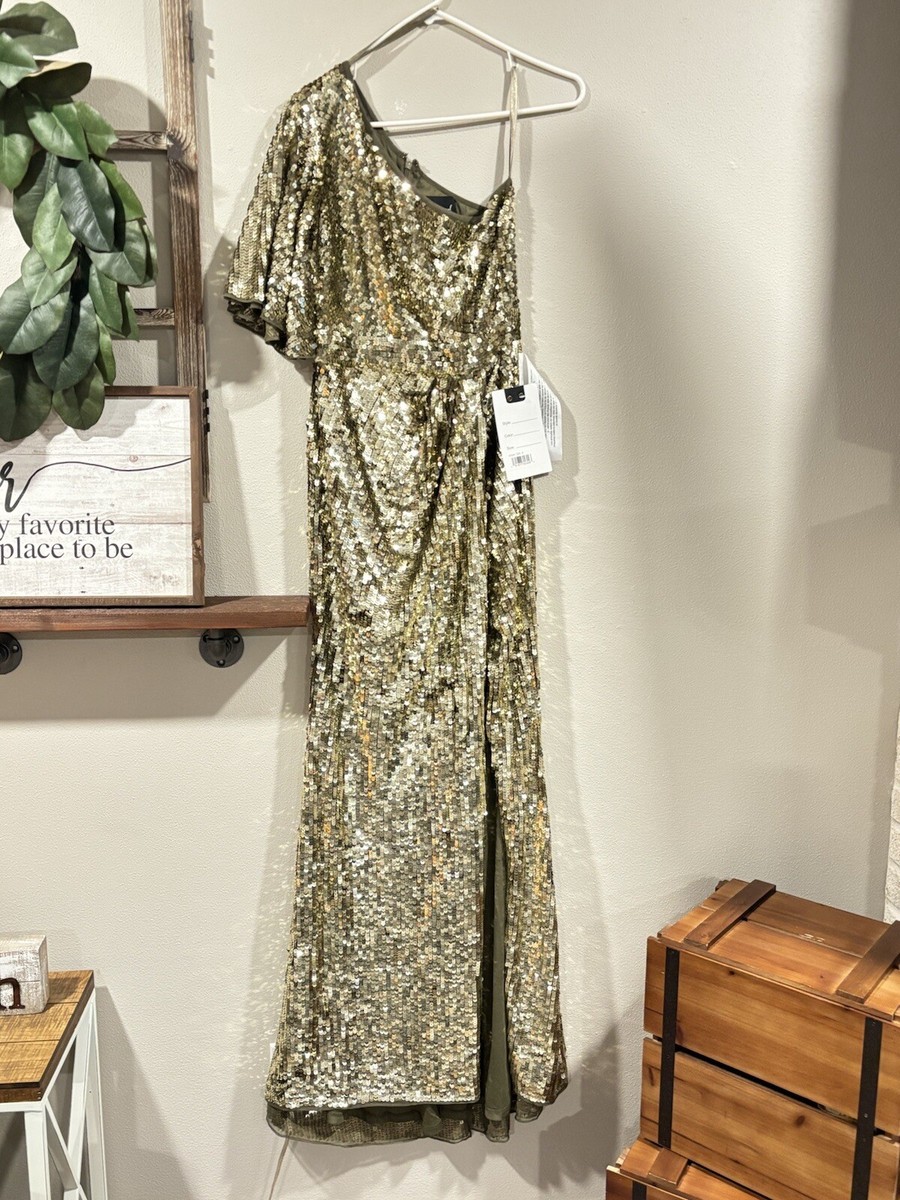 Mac Duggal 93540 Gold Sequined Olive One Shoulder Gown, Size 2, NWT | eBay