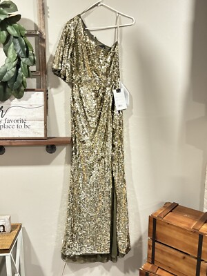 Mac Duggal 93540 Gold Sequined Olive One Shoulder Gown, Size 2, NWT