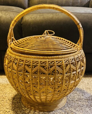 Large Bent Rattan Wicker Basket w Handle & Lid 22 H 18 D